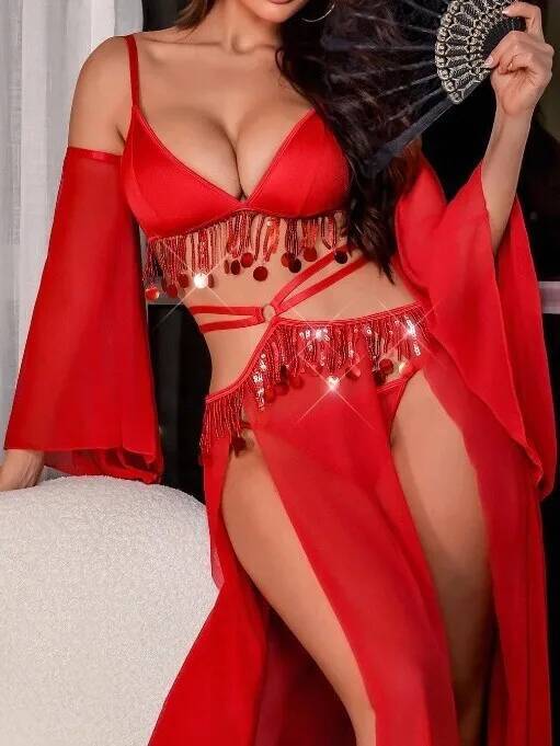 Red Sexy Belly Dance Costume D - огляд і ціна Sheer Mesh Bra